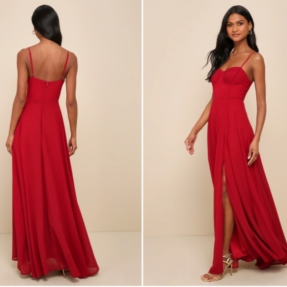 LULU's Prom Wedding Bridesmaid Sexy Pleated Bustier Romantic Flowy Maxi Dress - Picture 5 of 5